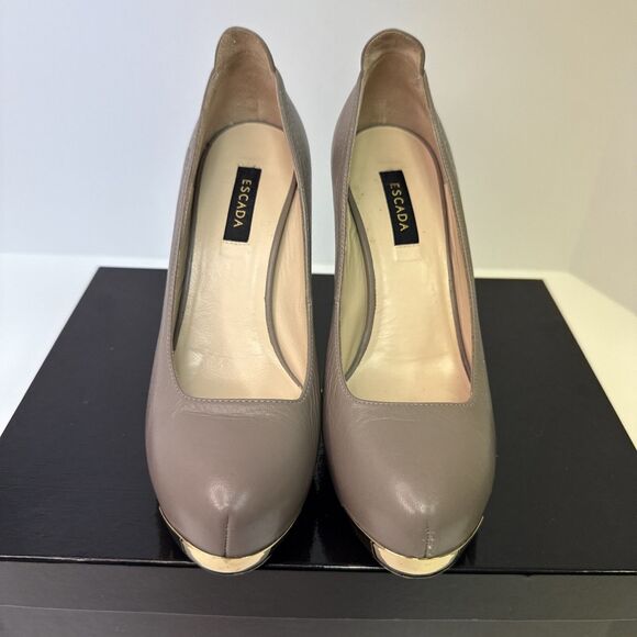 ESCADA Calfskin Leather Platform Pumps Taupe Metal Detail Size EU 35.5 US 5.5 - Picture 2 of 16